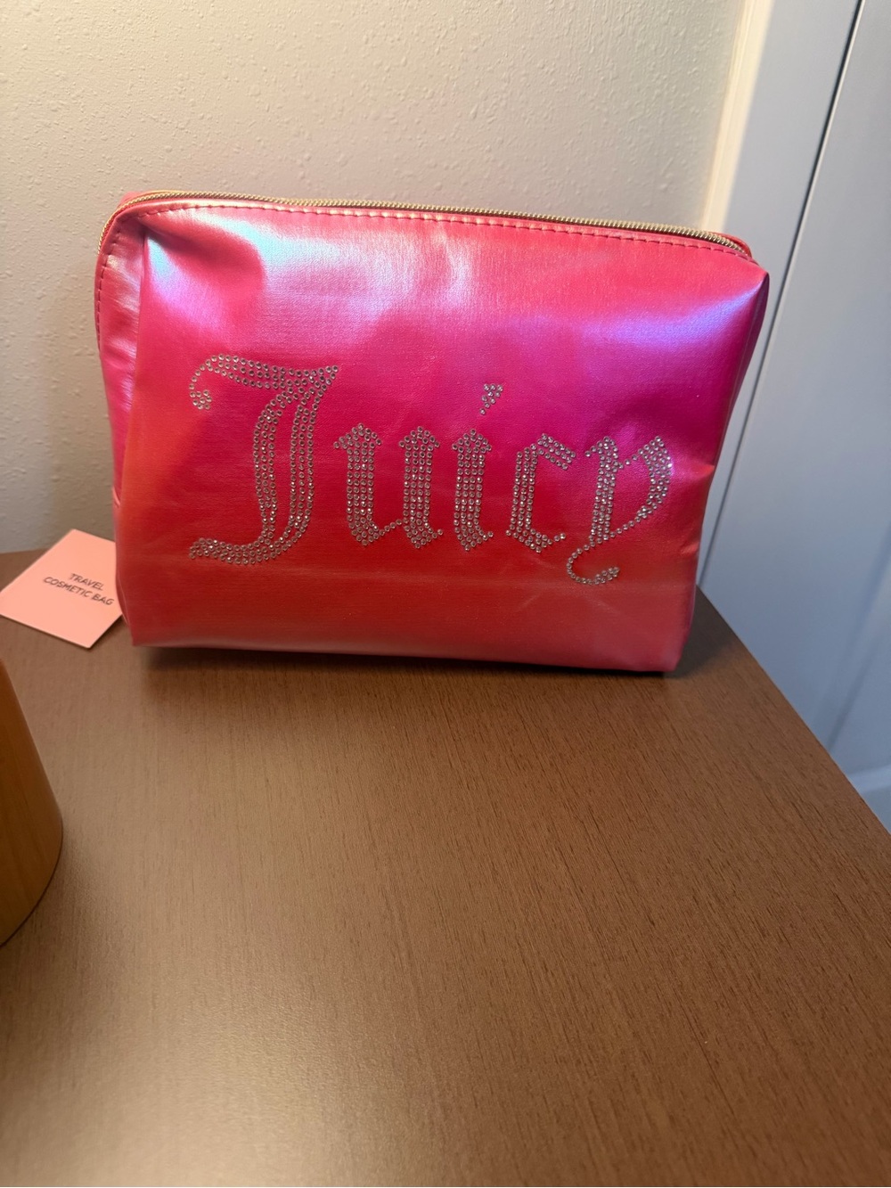 Juicy Couture Shimmering Hot Pink Metallic Cosmetic Pouch with Crystal Logo